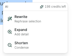 AI menu with Rewrite, Expand, and Shorten options and credit balance