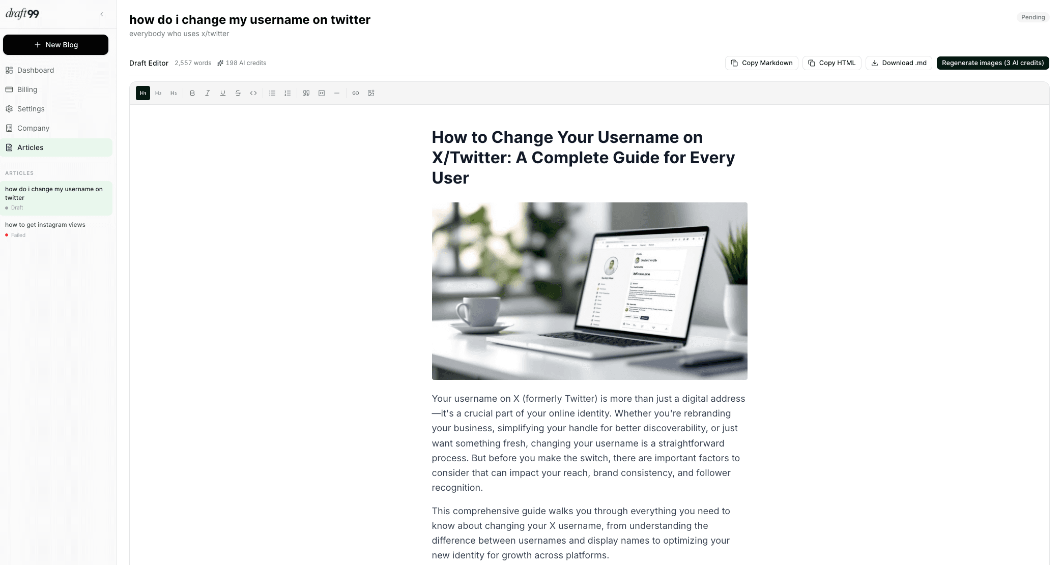 Draft99 dashboard showing the blog draft editor with article content and toolbar